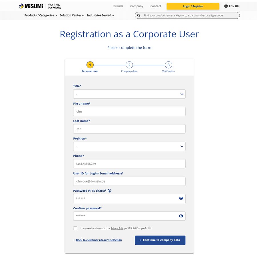 Screenshot about the registration form of MISUMI