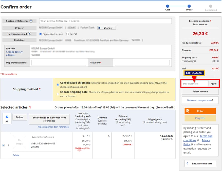 Screenshot which explains how to apply the voucher code to get the first order.