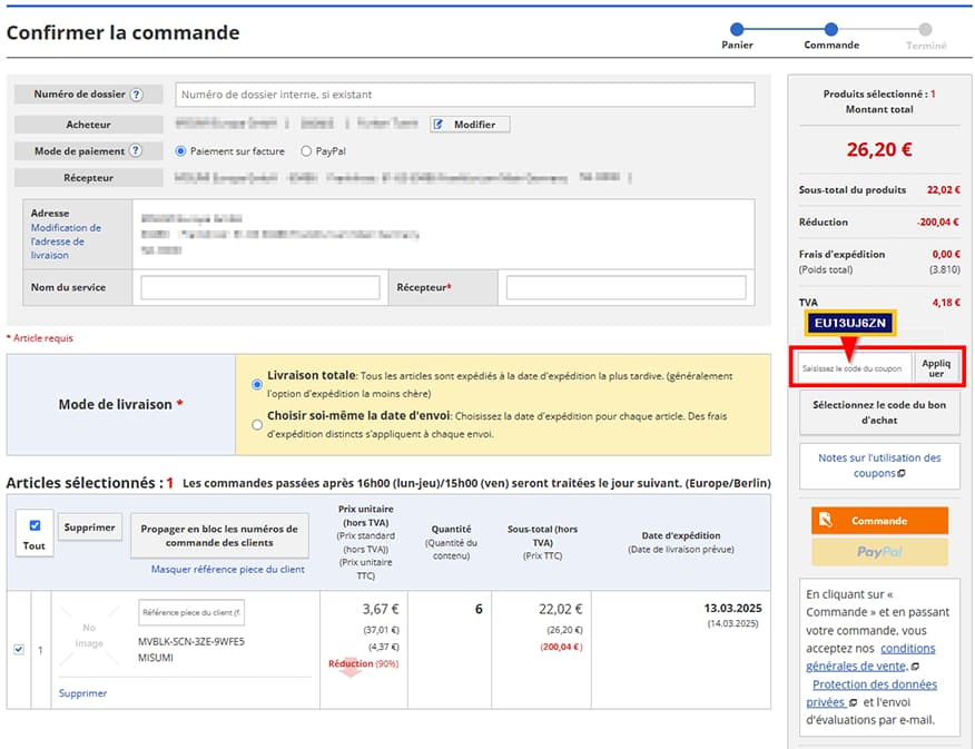 Capture d'écran expliquant comment appliquer le code de réduction pour obtenir la première commande
