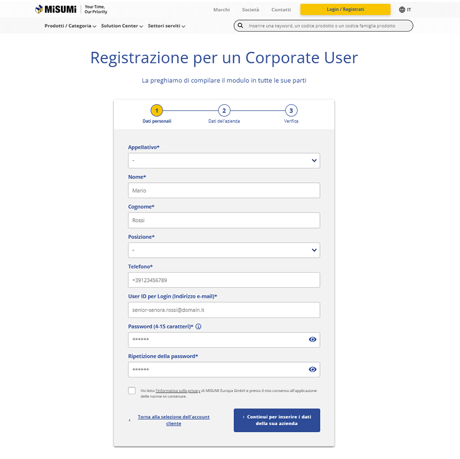 Screenshot about the registration form of MISUMI